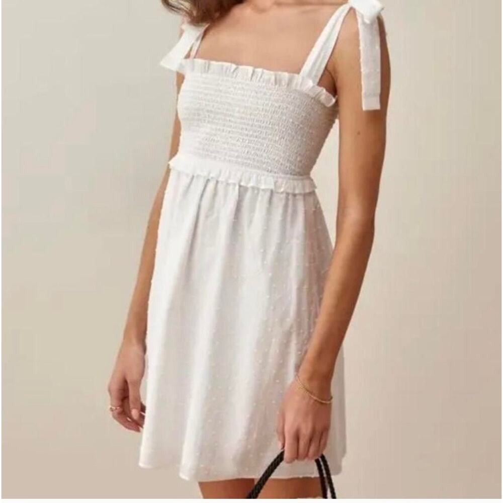 Reformation White Smocked Swiss Dot Dawson Dress NWT